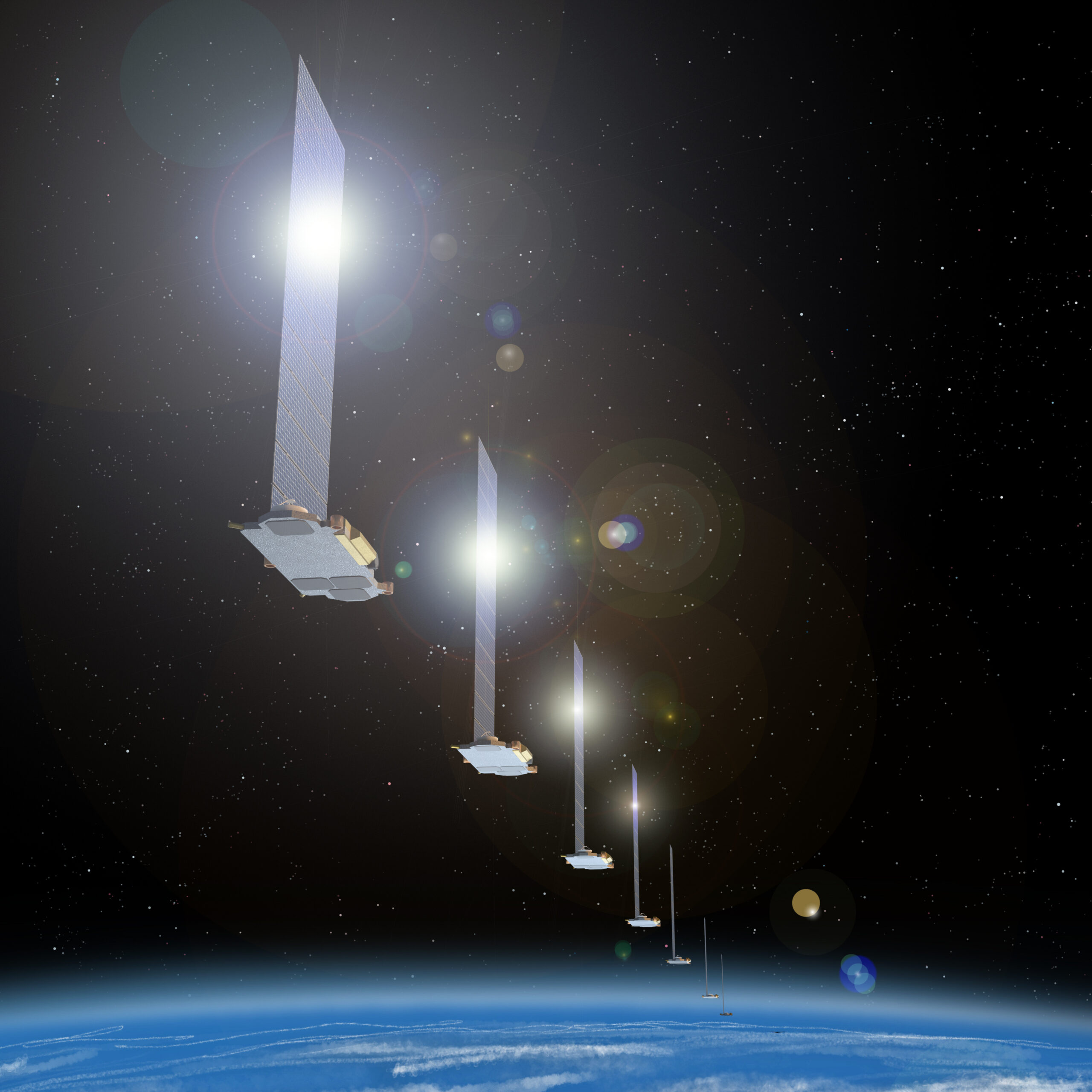 Artist Depiction of a starlink satellite train in orbit.